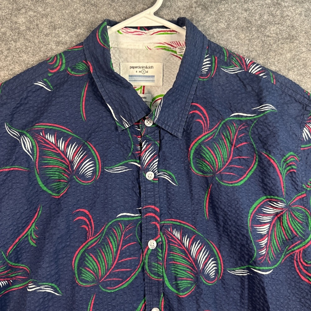 Paper Denim&Cloth Shirt Mens Large Blue Green Floral Print Hawaiian Seersucker